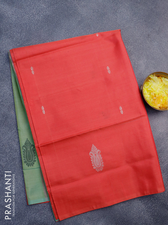 Banana pith saree red and dual shade of pastel green with thread woven buttas in borderless style with blouse