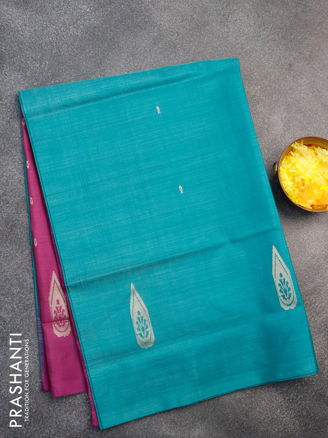 Banana pith saree teal green shade and purple with thread woven buttas in borderless style with blouse