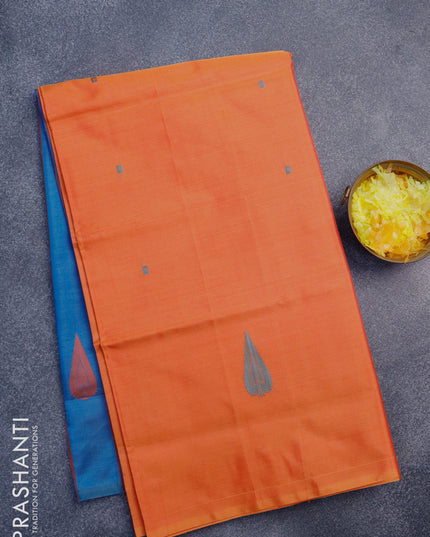 Banana pith saree sunset orange and peacock blue with thread woven buttas in borderless style with blouse