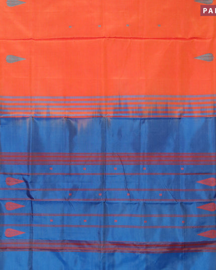 Banana pith saree sunset orange and peacock blue with thread woven buttas in borderless style with blouse