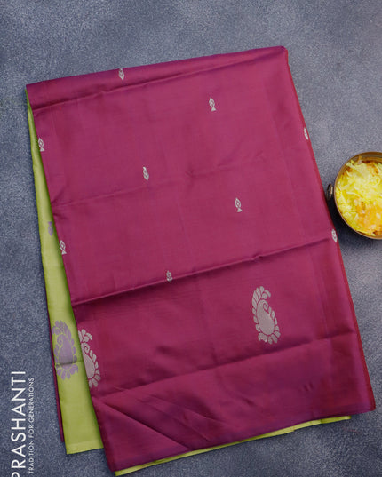 Banana pith saree purple shade and lime green with thread woven buttas in borderless style with blouse