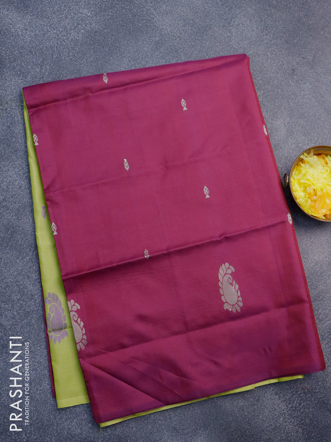 Banana pith saree purple shade and lime green with thread woven buttas in borderless style with blouse