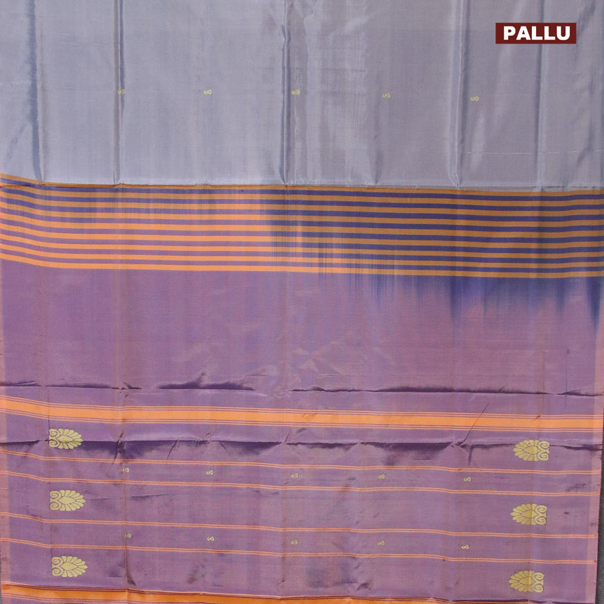 Banana pith saree grey and dual shade of peach with thread woven buttas in borderless style with blouse