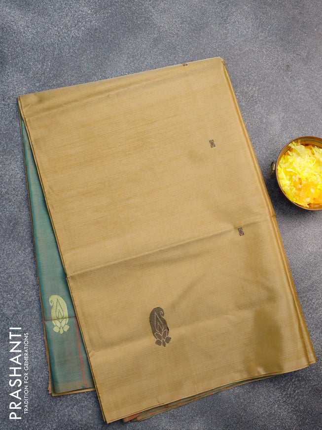 Banana pith saree dark sandal and dual shade of peacock green with thread woven buttas in borderless style with blouse