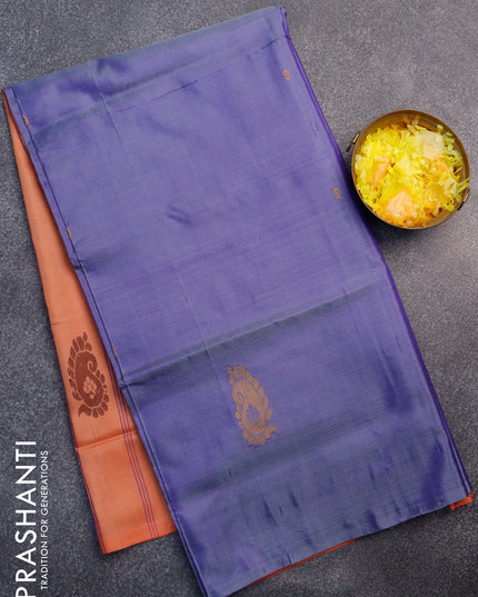 Banana pith saree violet shade and orange with thread woven buttas in borderless style with blouse