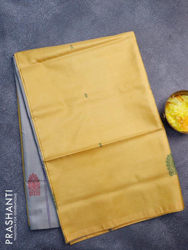 Banana pith saree yellow and grey shade with thread woven buttas in borderless style with blouse