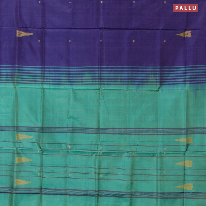 Banana pith saree dark blue and green with thread woven buttas in borderless style with blouse
