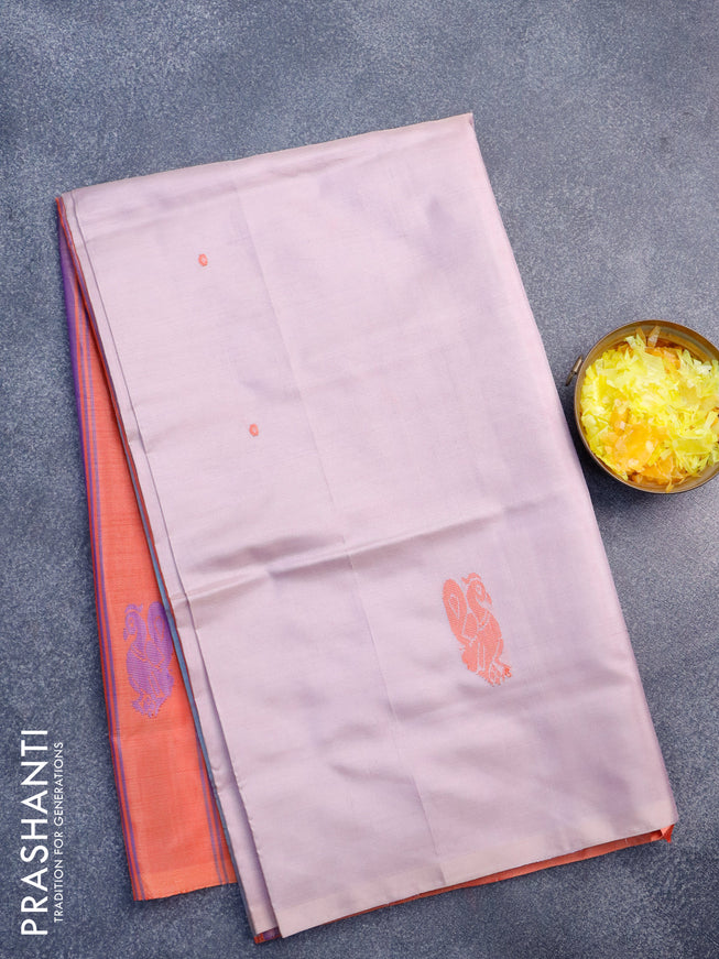 Banana pith saree pastel pink shade and peach orange with thread woven buttas in borderless style with blouse