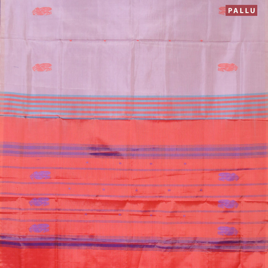 Banana pith saree pastel pink shade and peach orange with thread woven buttas in borderless style with blouse