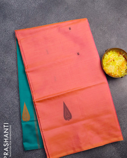 Banana pith saree dual shade of pinkish yellow and peacock green with thread woven buttas in borderless style with blouse