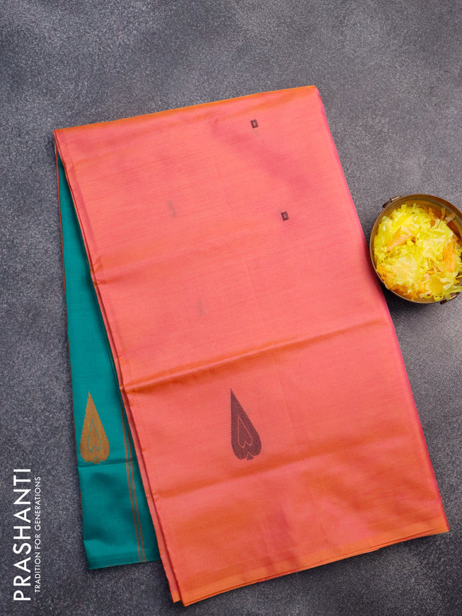 Banana pith saree dual shade of pinkish yellow and peacock green with thread woven buttas in borderless style with blouse