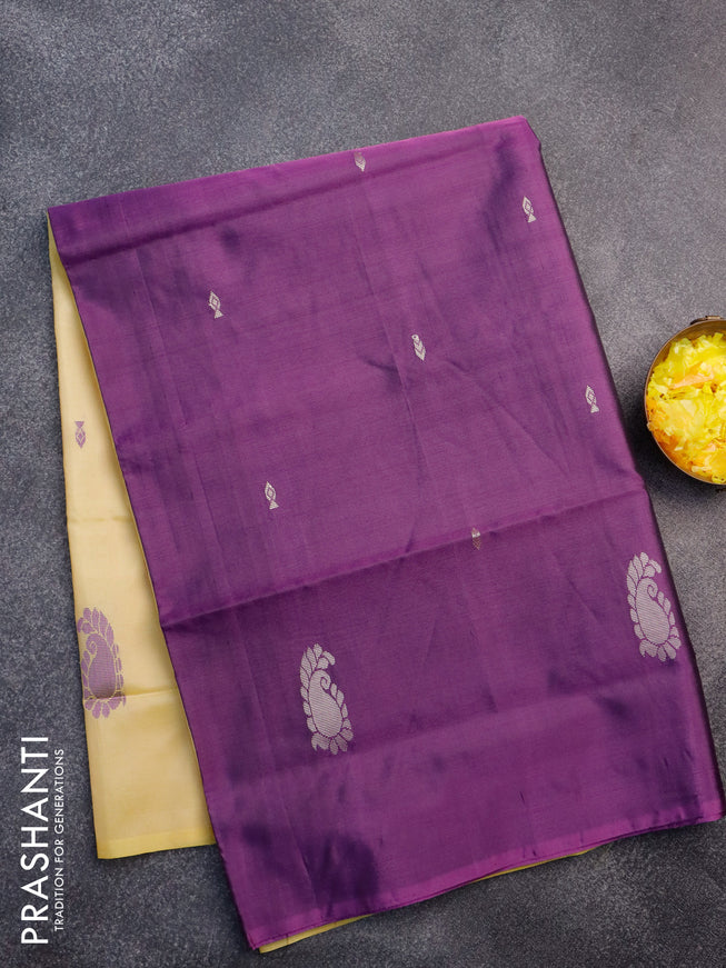 Banana pith saree purple and pale yellow with thread woven buttas in borderless style with blouse