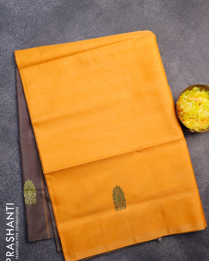 Banana pith saree mango yellow and grey shade with thread woven buttas in borderless style with blouse