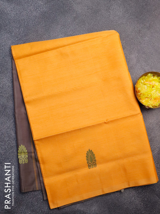 Banana pith saree mango yellow and grey shade with thread woven buttas in borderless style with blouse