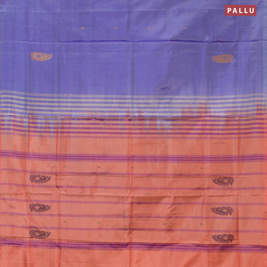 Banana pith saree dual shade of blue and orange with thread woven buttas in borderless style with blouse