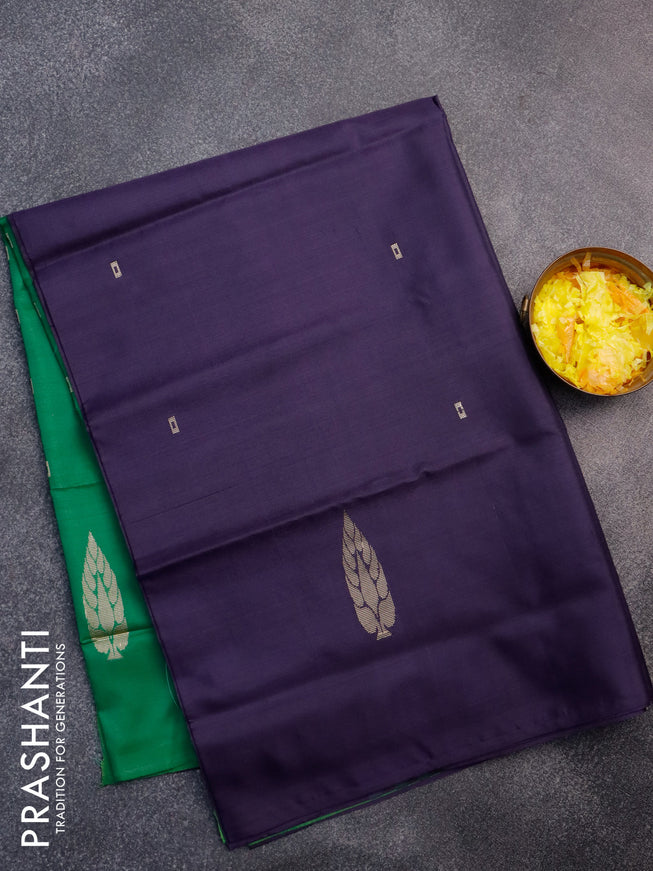 Banana pith saree navy blue and green with thread woven buttas in borderless style with blouse