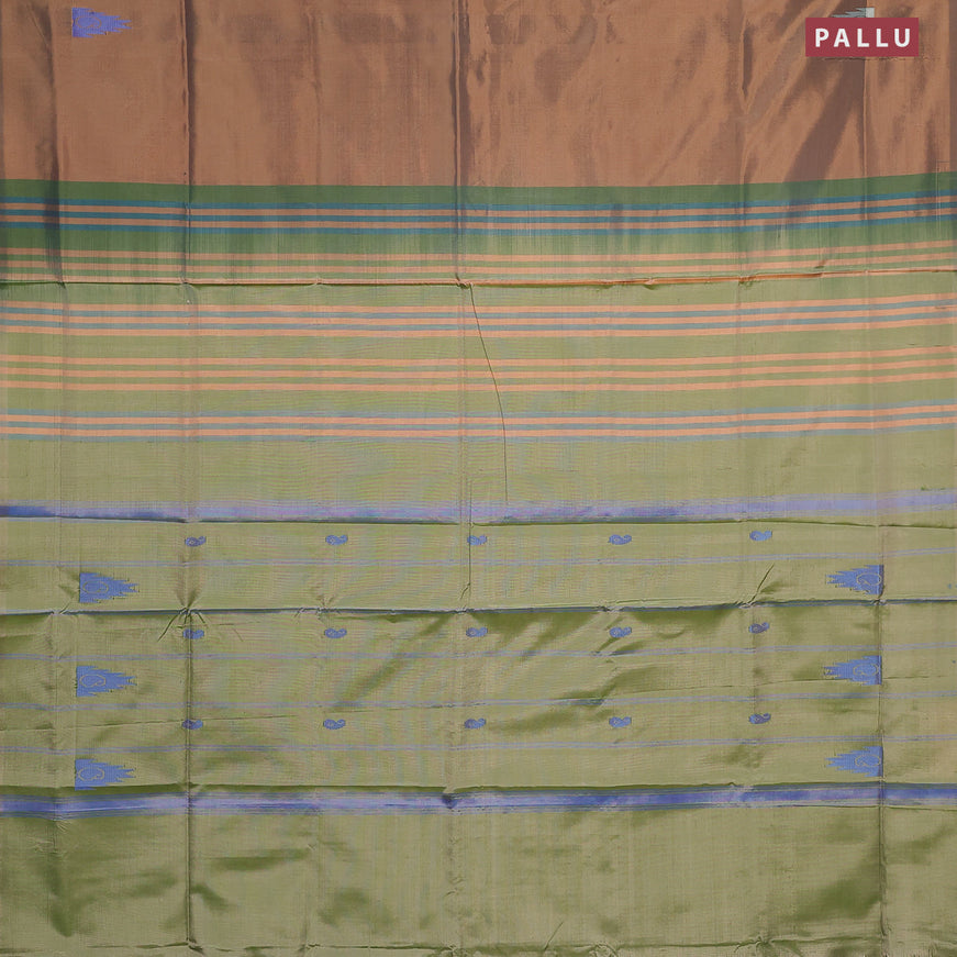Banana pith saree brown shade and pastel green with thread woven buttas in borderless style with blouse