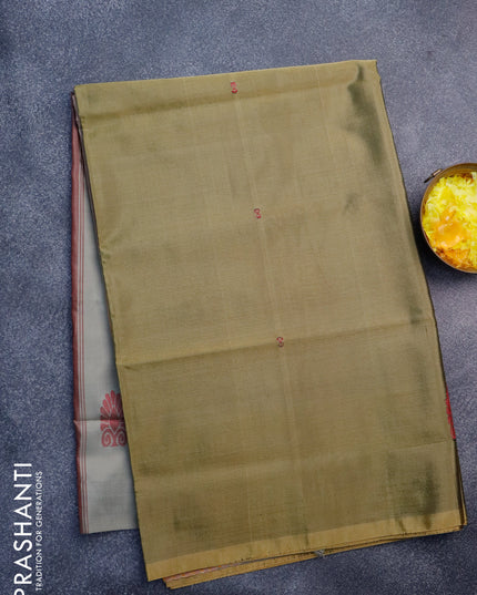 Banana pith saree dark mehendi green and grey with thread woven buttas in borderless style with blouse