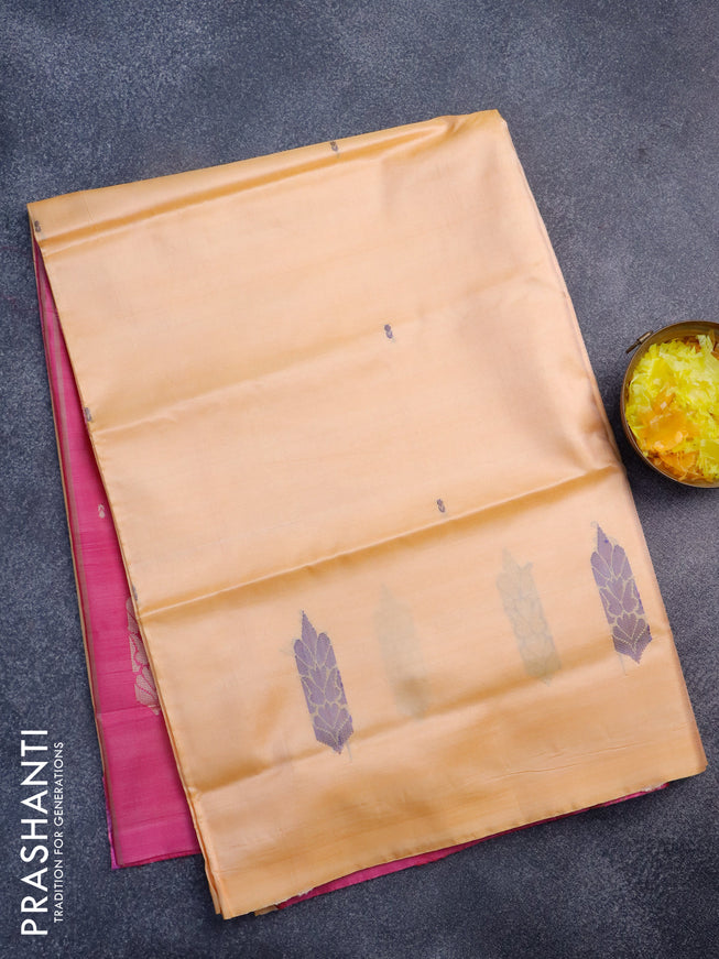 Banana pith saree pale orange shade and pink with thread woven buttas in borderless style with blouse