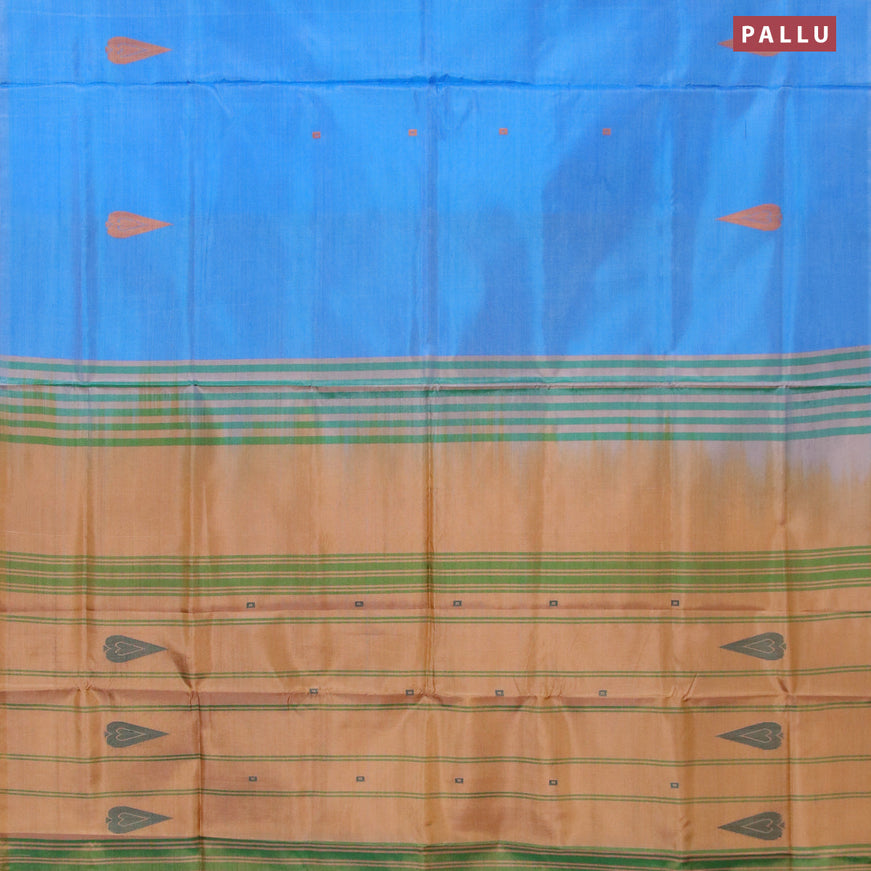 Banana pith saree blue and sandal with thread woven buttas in borderless style with blouse