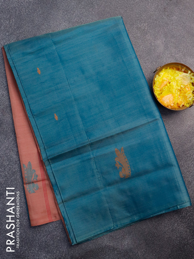 Banana pith saree peacock blue and pastel maroon with thread woven buttas in borderless style with blouse
