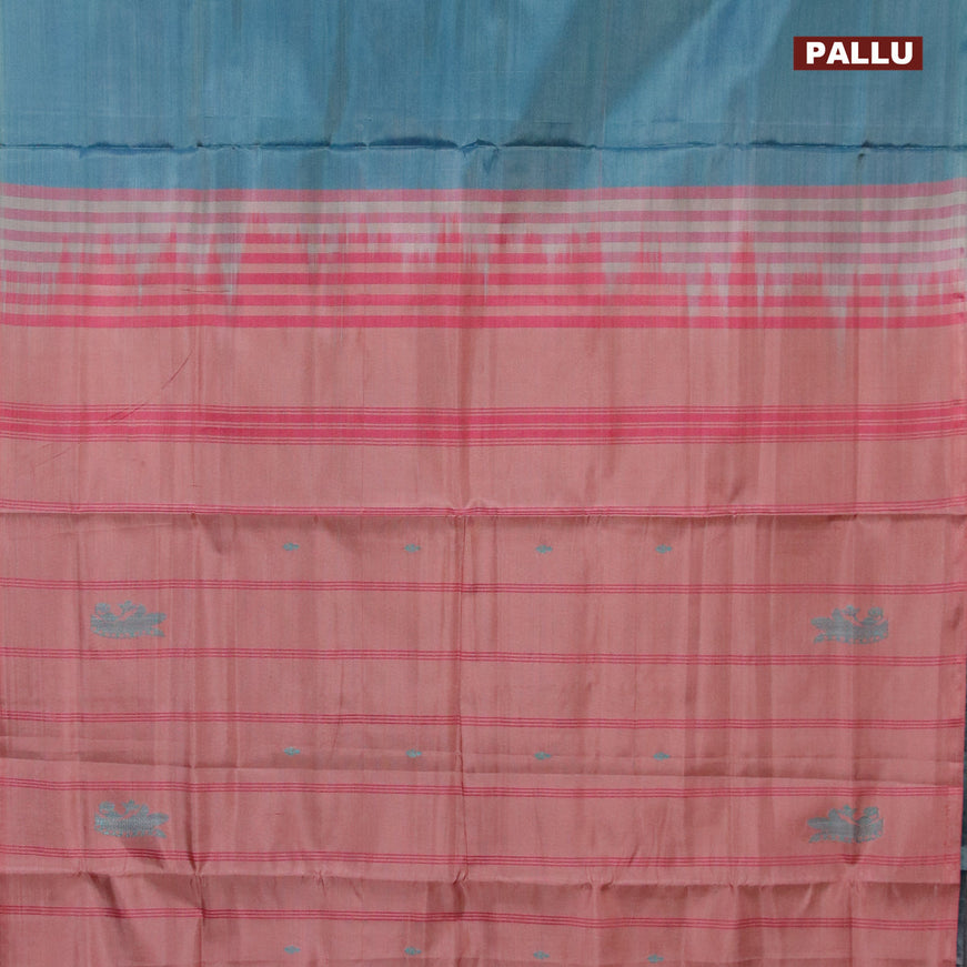 Banana pith saree peacock blue and pastel maroon with thread woven buttas in borderless style with blouse