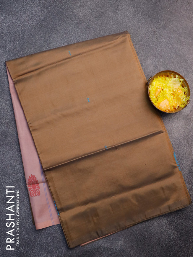 Banana pith saree military green and pastel pink with thread woven buttas in borderless style with blouse
