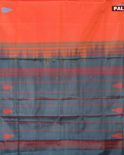 Banana pith saree sunset orange and peacock green with thread woven buttas in borderless style with blouse