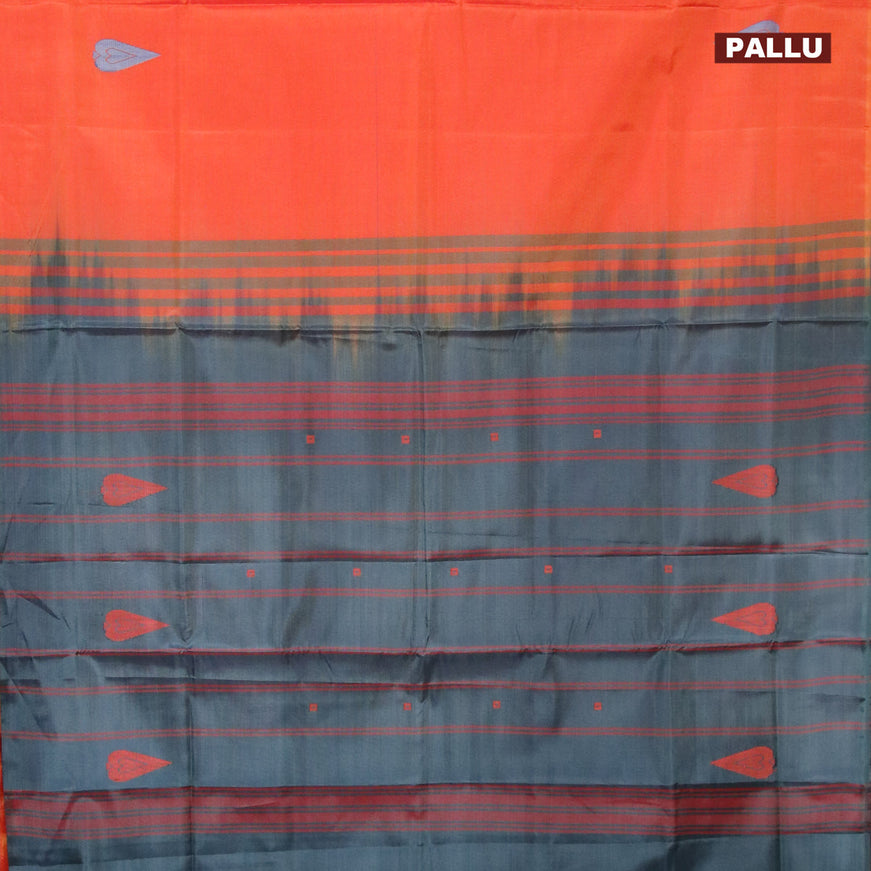 Banana pith saree sunset orange and peacock green with thread woven buttas in borderless style with blouse