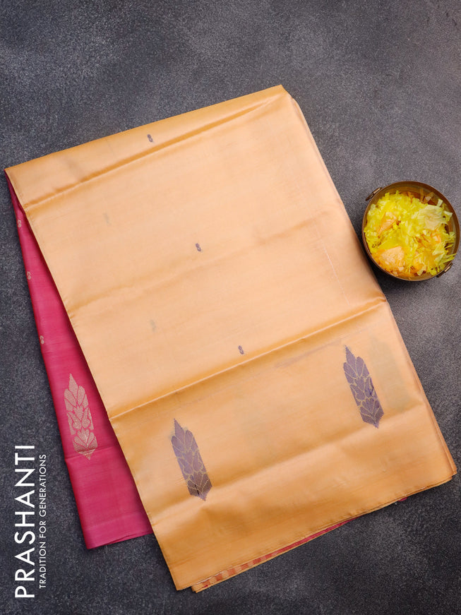 Banana pith saree pale orange and pink with thread woven buttas in borderless style with blouse