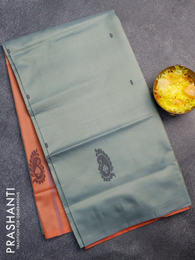 Banana pith saree grey and orange with thread woven buttas in borderless style with blouse