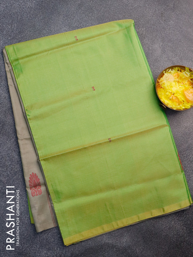 Banana pith saree light green and grey shade with thread woven buttas in borderless style with blouse