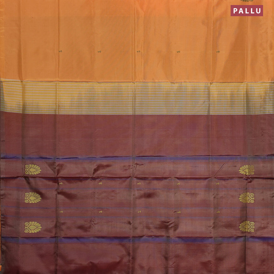 Banana pith saree mango yellow and dual shade of maroon with thread woven buttas in borderless style with blouse