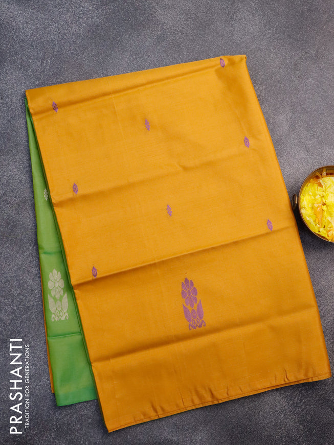 Banana pith saree dark mustard and light green with thread woven buttas in borderless style with blouse