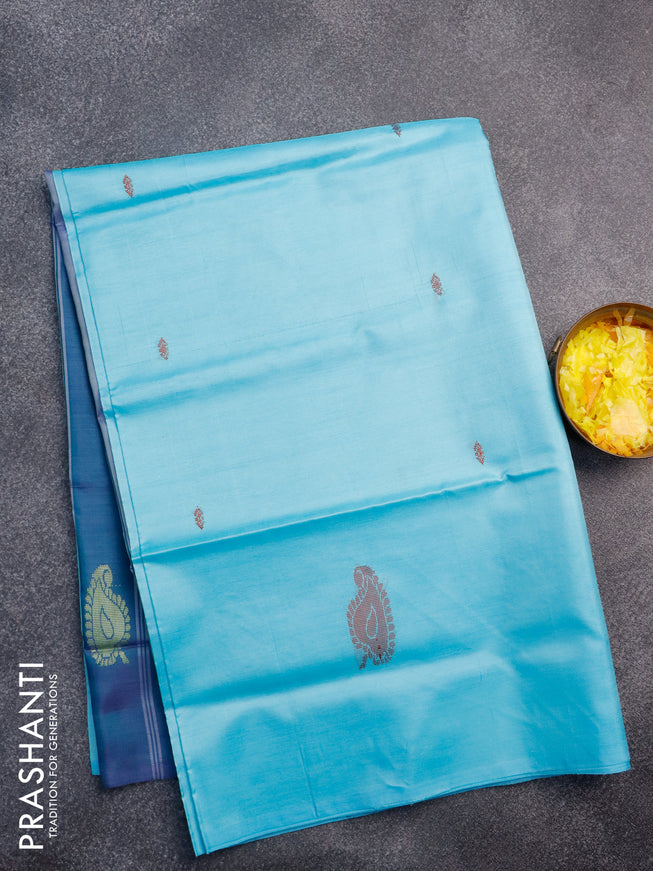 Banana pith saree light blue and dual shade of bluish green with thread woven buttas in borderless style with blouse
