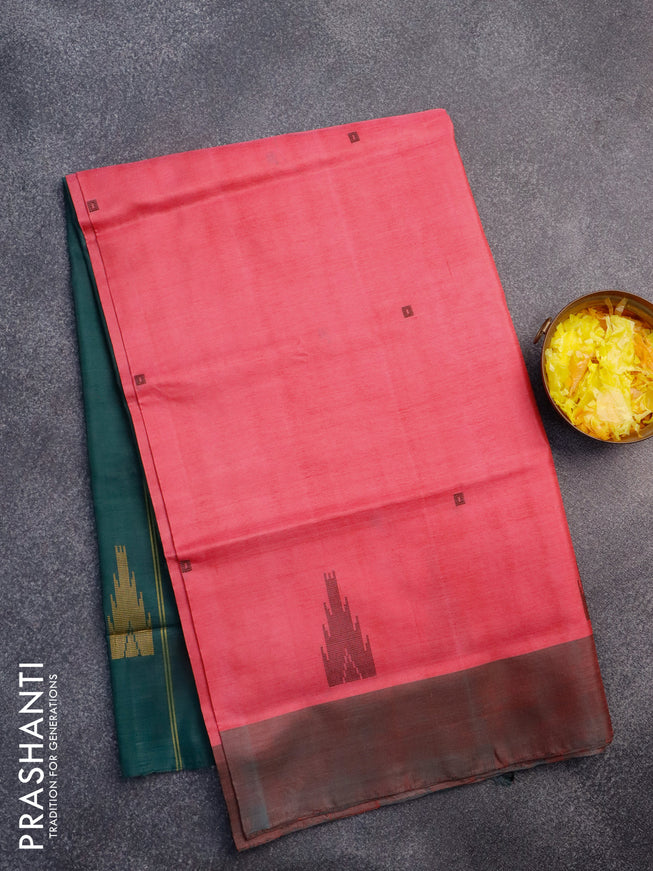 Banana pith saree pink and dark green with thread woven buttas and contrast border with blouse