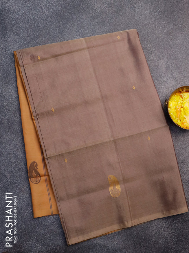 Banana pith saree pastel brown and dark mustard with thread woven buttas in borderless style with blouse