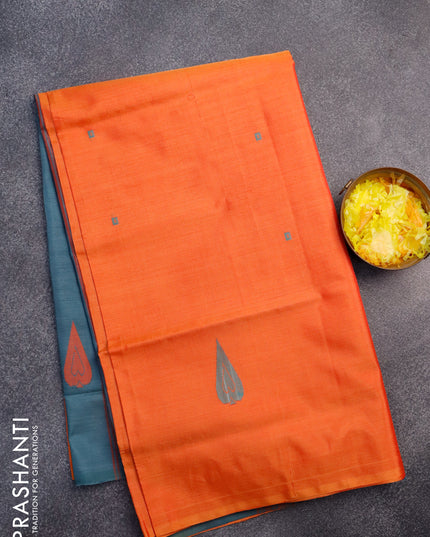 Banana pith saree dual shade of orange and dark peacock blue with thread woven buttas in borderless style with blouse