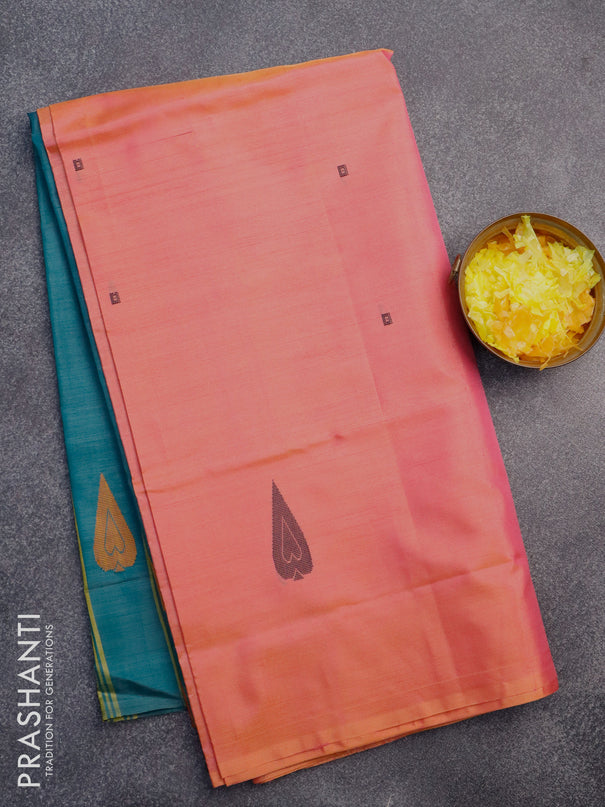 Banana pith saree dual shade of pinkish orange and peacock green with thread woven buttas in borderless style with blouse