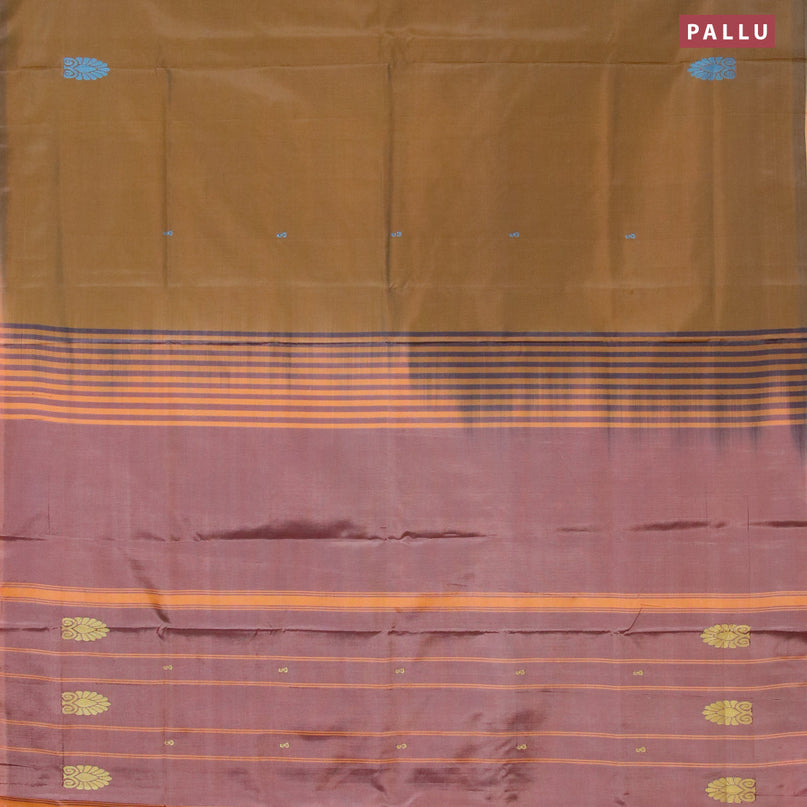 Banana pith saree dark mustard and pastel peach shade with thread woven buttas in borderless style with blouse