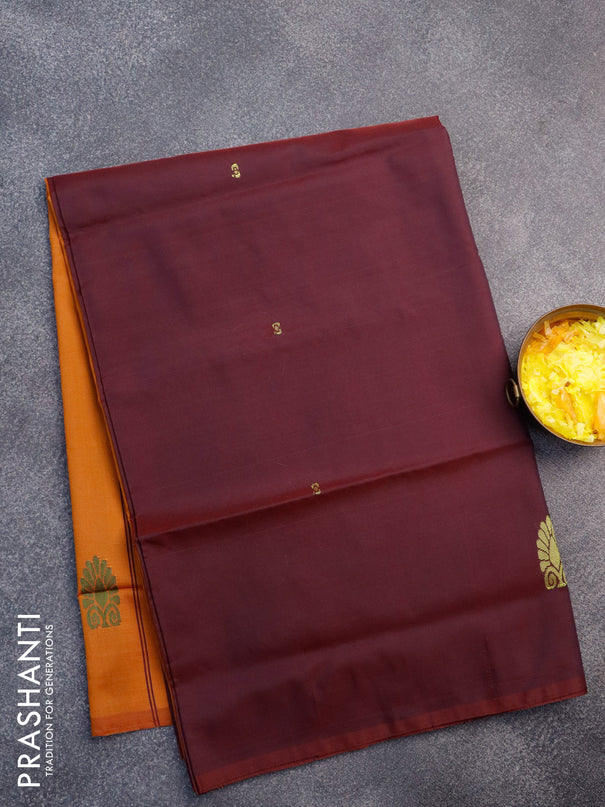 Banana pith saree deep maroon and dark mustard with thread woven buttas in borderless style with blouse