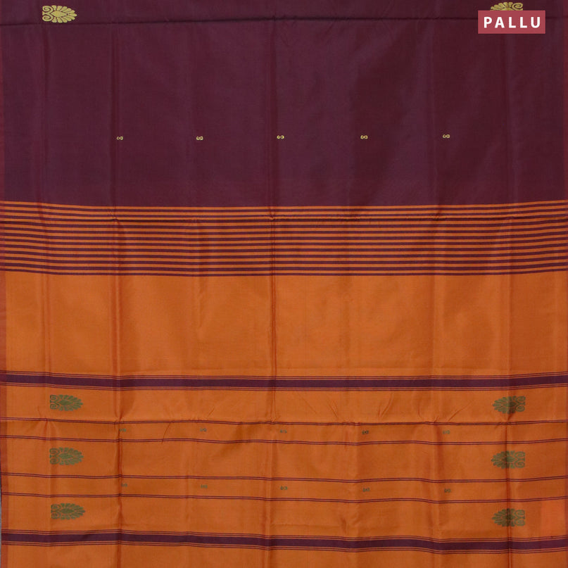 Banana pith saree deep maroon and dark mustard with thread woven buttas in borderless style with blouse