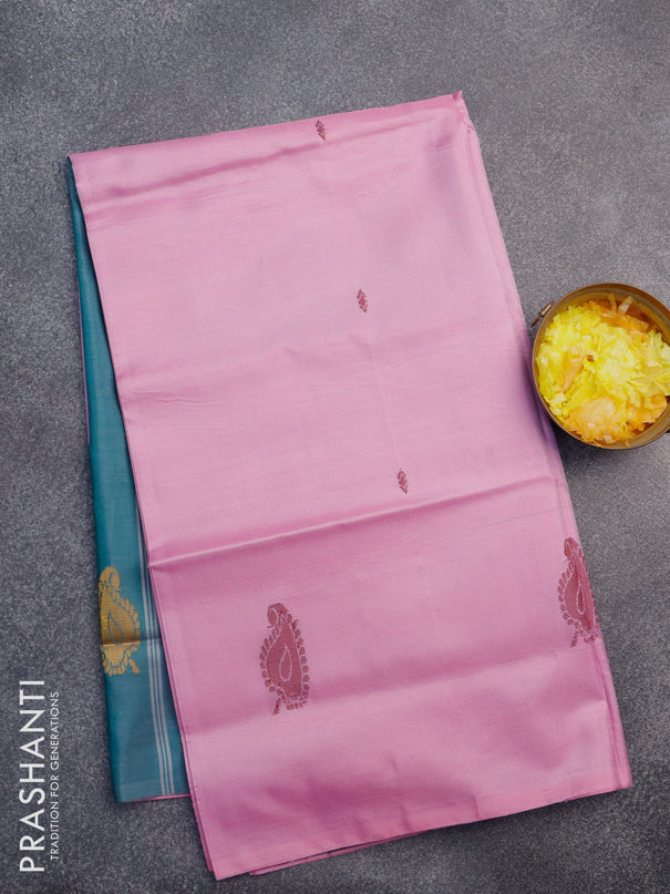 Banana pith saree light pink and peacock green with thread woven buttas in borderless style with blouse