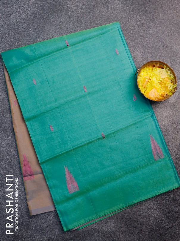 Banana pith saree dual shade of teal shade and dual shade of greyish sandal with thread woven buttas in borderless style with blouse