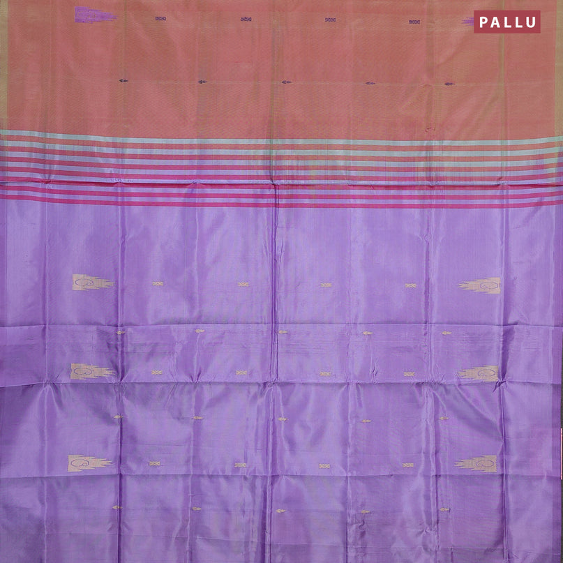 Banana pith saree dual shade of pinkish green and lavender with thread woven buttas in borderless style with blouse