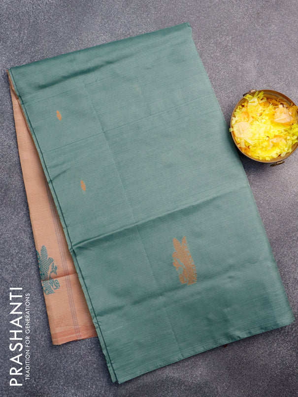 Banana pith saree pastel green and pastel brown with thread woven buttas in borderless style with blouse