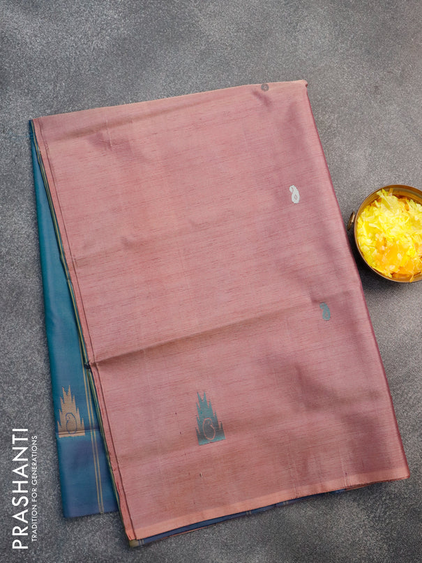 Banana pith saree rosy brown and dual shade of bluish green with thread woven buttas in borderless style with blouse