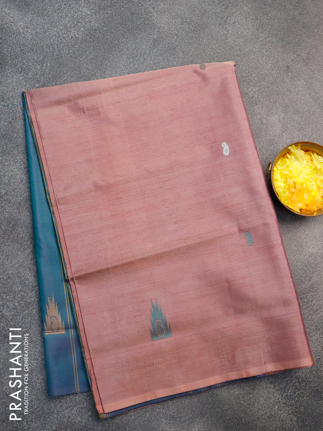 Banana pith saree rosy brown and dual shade of bluish green with thread woven buttas in borderless style with blouse