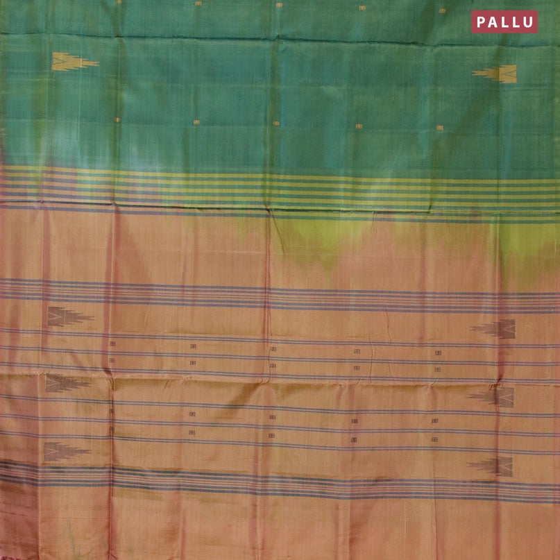 Banana pith saree green and dual shade of pinkish yellow with thread woven buttas in borderless style with blouse