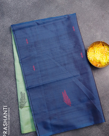 Banana pith saree dark blue and light green shade with thread woven buttas in borderless style with blouse